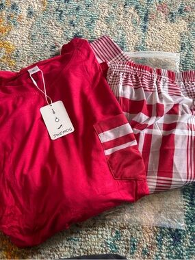 Men’s Red Long Sleeve Top and Plaid Pants Set